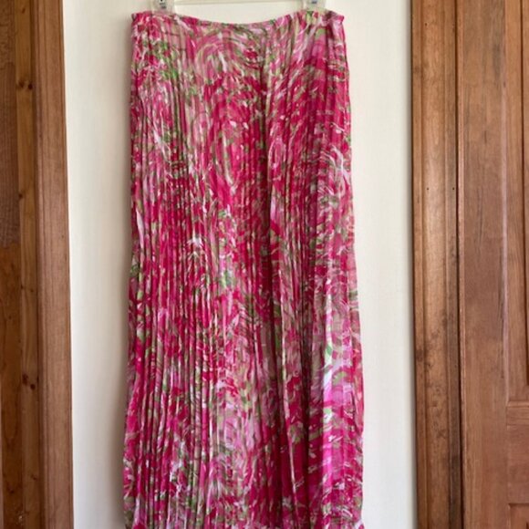 RUBY RD. Pleated Elastic Waist Pink Green Swirl Print Maxi Skirt 10 - Picture 5 of 15
